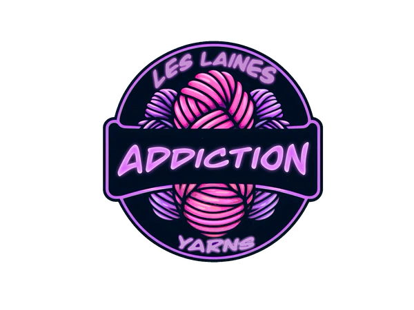 Circular logo with pink and purple yarn balls, titled "Les Laines Addiction Yarns" in glowing text.