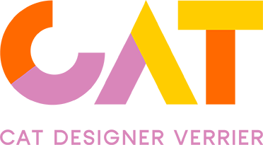 Stylized logo with a cat shape in orange, yellow, and purple, and purple text.